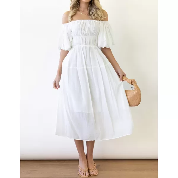 imageZESICA Womens 2023 Sexy Boho Off Shoulder Puff Short Sleeve High Waist Ruffled Flowy A Line Beach Party Midi DressWhite