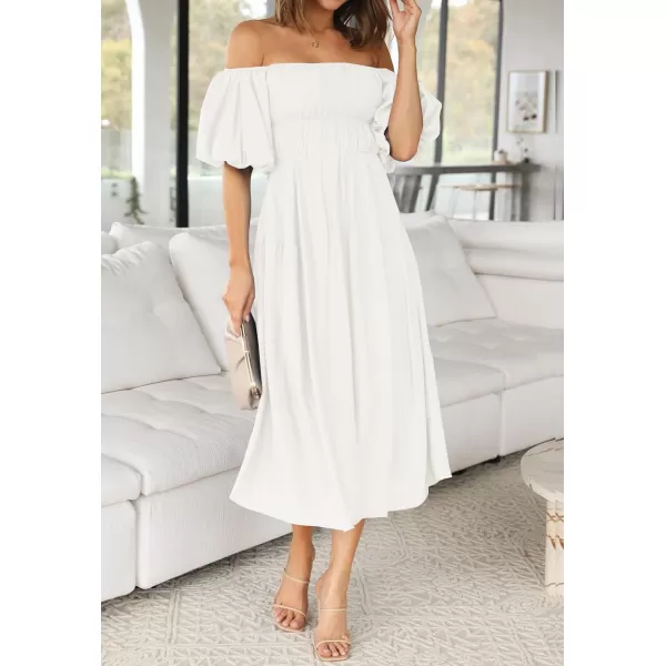 imageZESICA Womens 2023 Sexy Boho Off Shoulder Puff Short Sleeve High Waist Ruffled Flowy A Line Beach Party Midi DressWhite