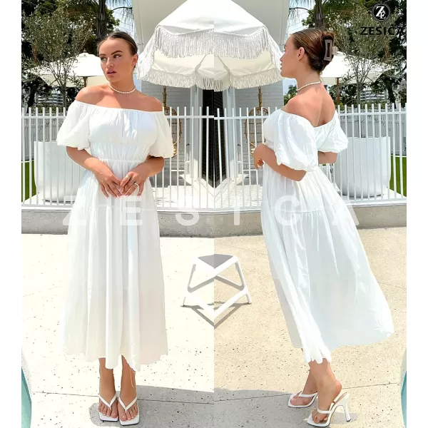 imageZESICA Womens 2023 Sexy Boho Off Shoulder Puff Short Sleeve High Waist Ruffled Flowy A Line Beach Party Midi DressWhite