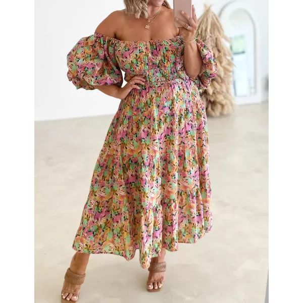 imageZESICA Womens 2023 Sexy Boho Off Shoulder Puff Short Sleeve High Waist Ruffled Flowy A Line Beach Party Midi DressYellowpurple