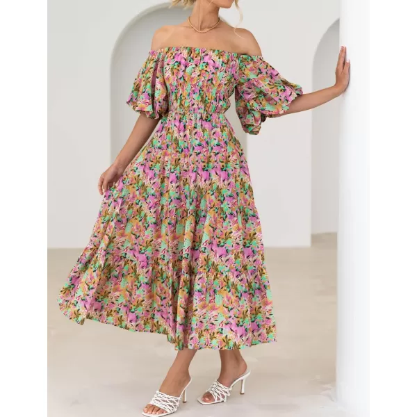 imageZESICA Womens 2023 Sexy Boho Off Shoulder Puff Short Sleeve High Waist Ruffled Flowy A Line Beach Party Midi DressYellowpurple
