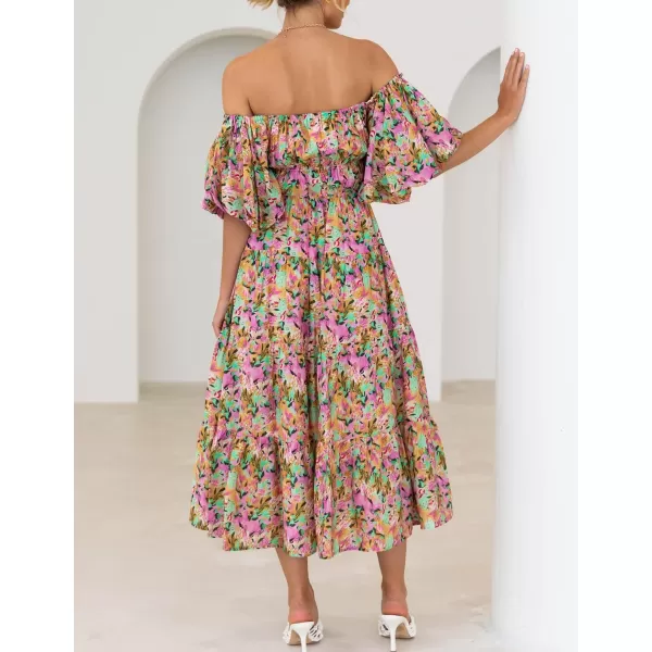 imageZESICA Womens 2023 Sexy Boho Off Shoulder Puff Short Sleeve High Waist Ruffled Flowy A Line Beach Party Midi DressYellowpurple