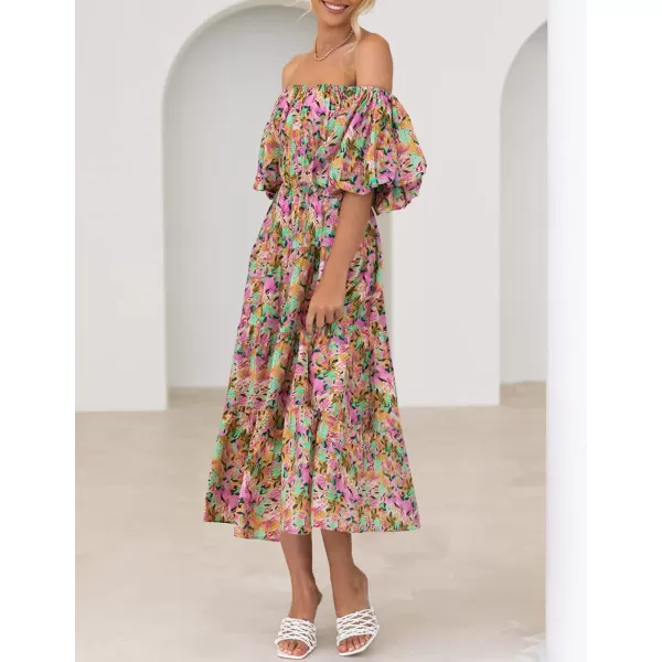 imageZESICA Womens 2023 Sexy Boho Off Shoulder Puff Short Sleeve High Waist Ruffled Flowy A Line Beach Party Midi DressYellowpurple