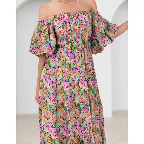 imageZESICA Womens 2023 Sexy Boho Off Shoulder Puff Short Sleeve High Waist Ruffled Flowy A Line Beach Party Midi DressYellowpurple