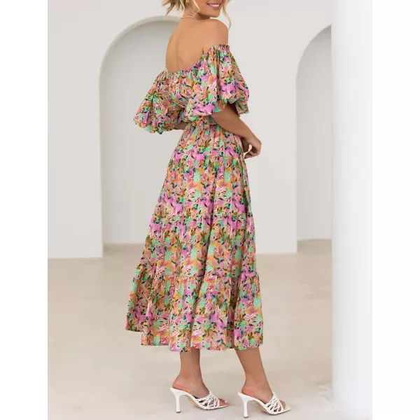 imageZESICA Womens 2023 Sexy Boho Off Shoulder Puff Short Sleeve High Waist Ruffled Flowy A Line Beach Party Midi DressYellowpurple