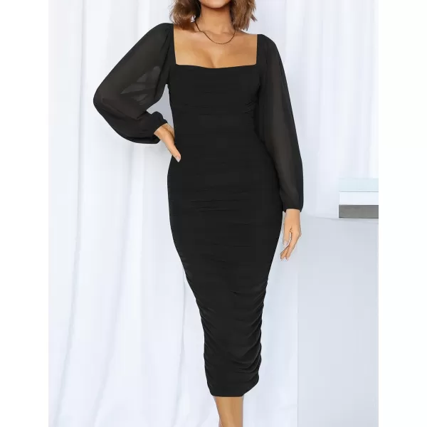 imageZESICA Womens 2023 Sexy Ruched Bodycon Midi Dress Long Puff Sleeve Square Neck Backless Cocktail Party Wedding DressesBlack