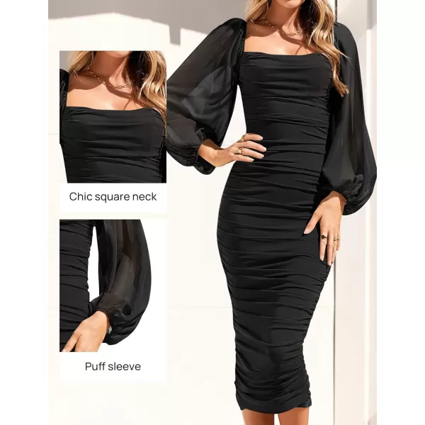 imageZESICA Womens 2023 Sexy Ruched Bodycon Midi Dress Long Puff Sleeve Square Neck Backless Cocktail Party Wedding DressesBlack
