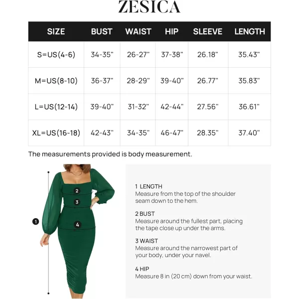 imageZESICA Womens 2023 Sexy Ruched Bodycon Midi Dress Long Puff Sleeve Square Neck Backless Cocktail Party Wedding DressesDarkgreen
