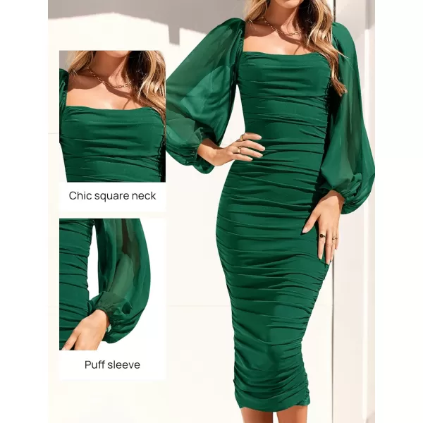 imageZESICA Womens 2023 Sexy Ruched Bodycon Midi Dress Long Puff Sleeve Square Neck Backless Cocktail Party Wedding DressesDarkgreen
