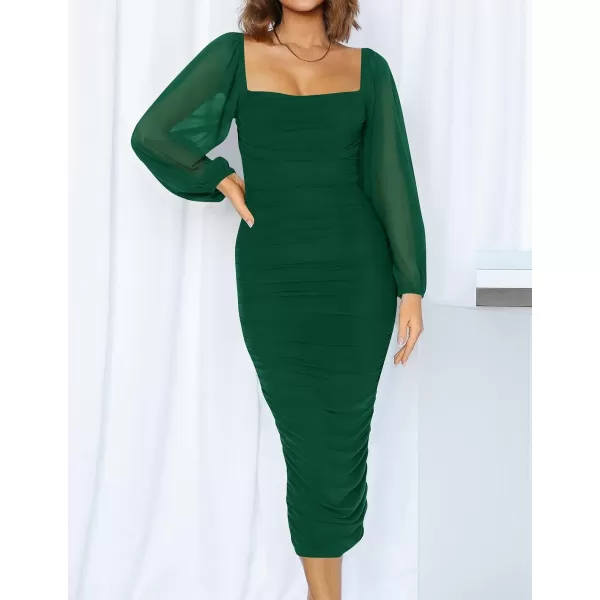 imageZESICA Womens 2023 Sexy Ruched Bodycon Midi Dress Long Puff Sleeve Square Neck Backless Cocktail Party Wedding DressesDarkgreen
