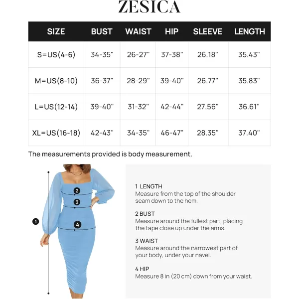 imageZESICA Womens 2023 Sexy Ruched Bodycon Midi Dress Long Puff Sleeve Square Neck Backless Cocktail Party Wedding DressesLightblue