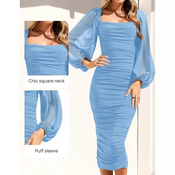 imageZESICA Womens 2023 Sexy Ruched Bodycon Midi Dress Long Puff Sleeve Square Neck Backless Cocktail Party Wedding DressesLightblue