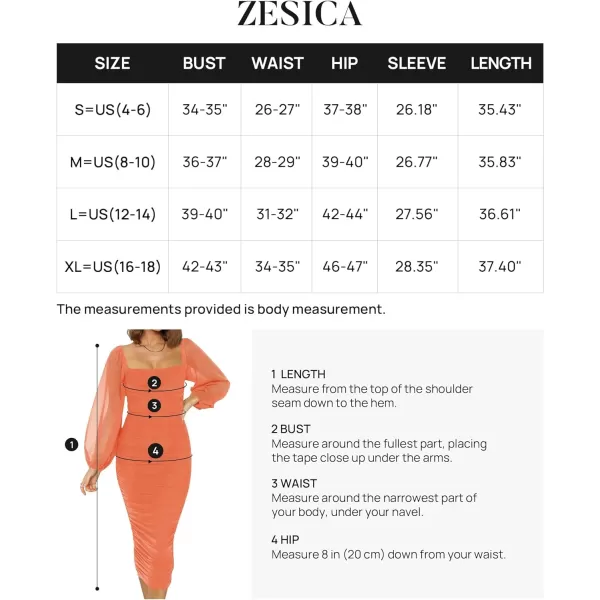 imageZESICA Womens 2023 Sexy Ruched Bodycon Midi Dress Long Puff Sleeve Square Neck Backless Cocktail Party Wedding DressesOrange