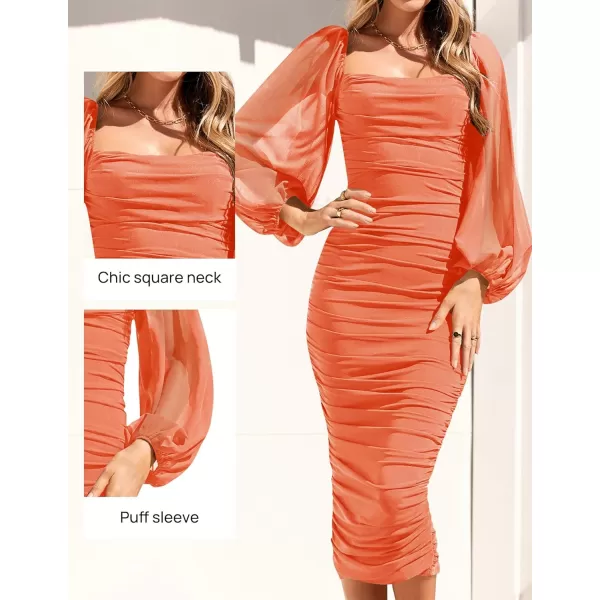 imageZESICA Womens 2023 Sexy Ruched Bodycon Midi Dress Long Puff Sleeve Square Neck Backless Cocktail Party Wedding DressesOrange