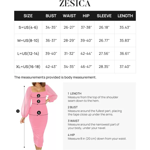 imageZESICA Womens 2023 Sexy Ruched Bodycon Midi Dress Long Puff Sleeve Square Neck Backless Cocktail Party Wedding DressesPink