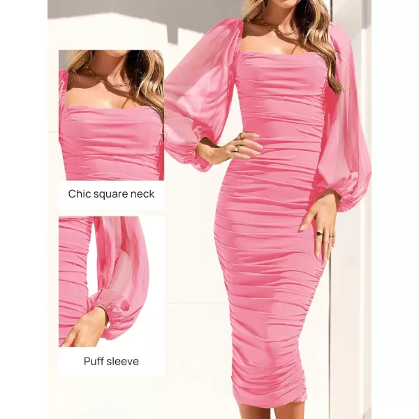 imageZESICA Womens 2023 Sexy Ruched Bodycon Midi Dress Long Puff Sleeve Square Neck Backless Cocktail Party Wedding DressesPink