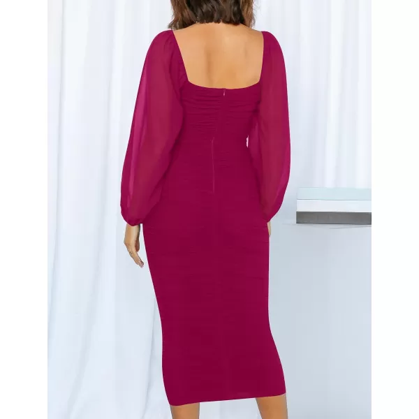 imageZESICA Womens 2023 Sexy Ruched Bodycon Midi Dress Long Puff Sleeve Square Neck Backless Cocktail Party Wedding DressesPlum