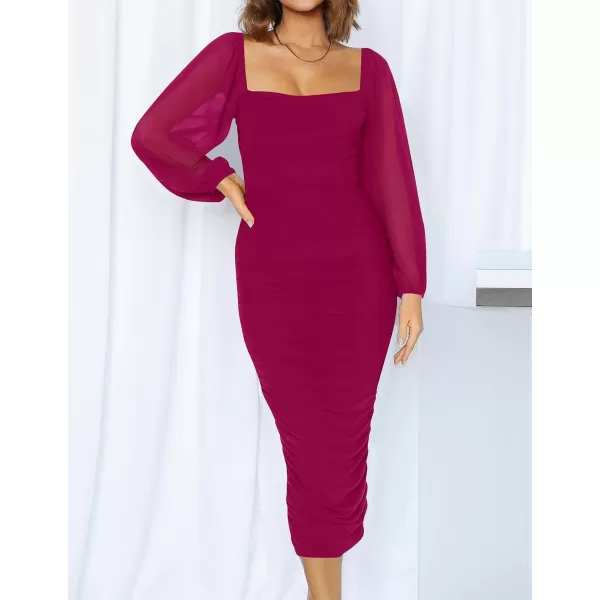 imageZESICA Womens 2023 Sexy Ruched Bodycon Midi Dress Long Puff Sleeve Square Neck Backless Cocktail Party Wedding DressesPlum