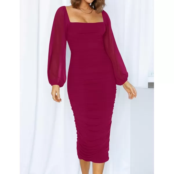 imageZESICA Womens 2023 Sexy Ruched Bodycon Midi Dress Long Puff Sleeve Square Neck Backless Cocktail Party Wedding DressesPlum
