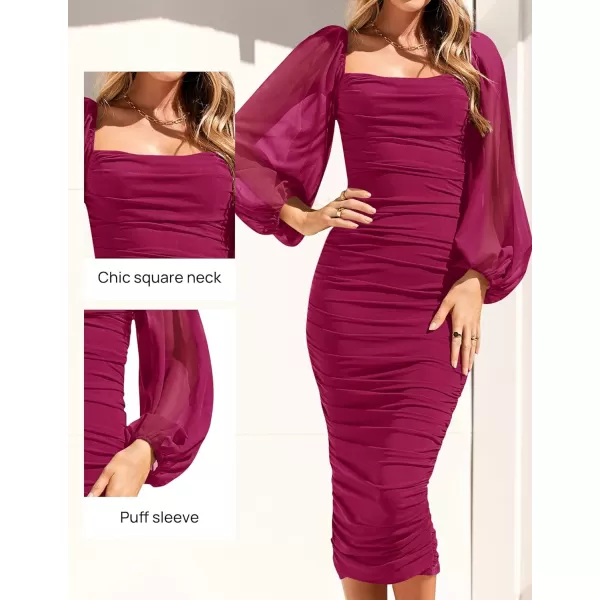 imageZESICA Womens 2023 Sexy Ruched Bodycon Midi Dress Long Puff Sleeve Square Neck Backless Cocktail Party Wedding DressesPlum