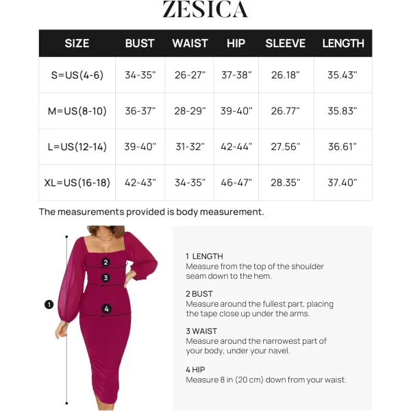imageZESICA Womens 2023 Sexy Ruched Bodycon Midi Dress Long Puff Sleeve Square Neck Backless Cocktail Party Wedding DressesPlum