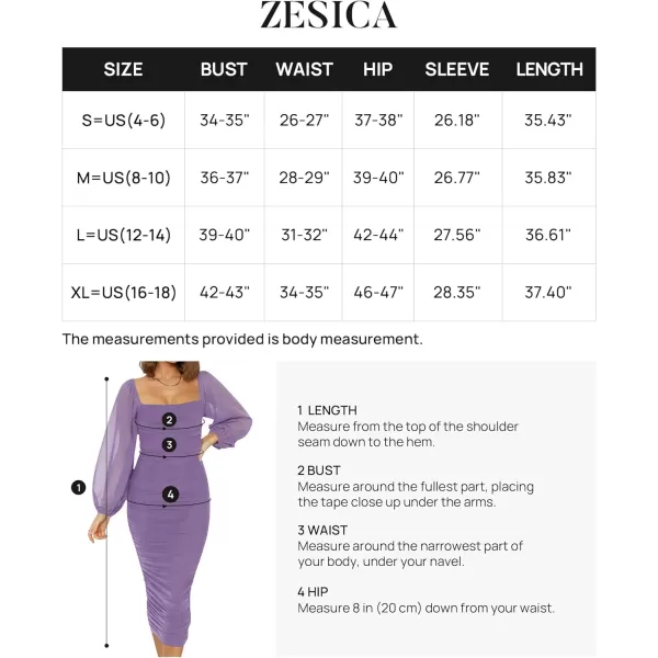 imageZESICA Womens 2023 Sexy Ruched Bodycon Midi Dress Long Puff Sleeve Square Neck Backless Cocktail Party Wedding DressesPurple