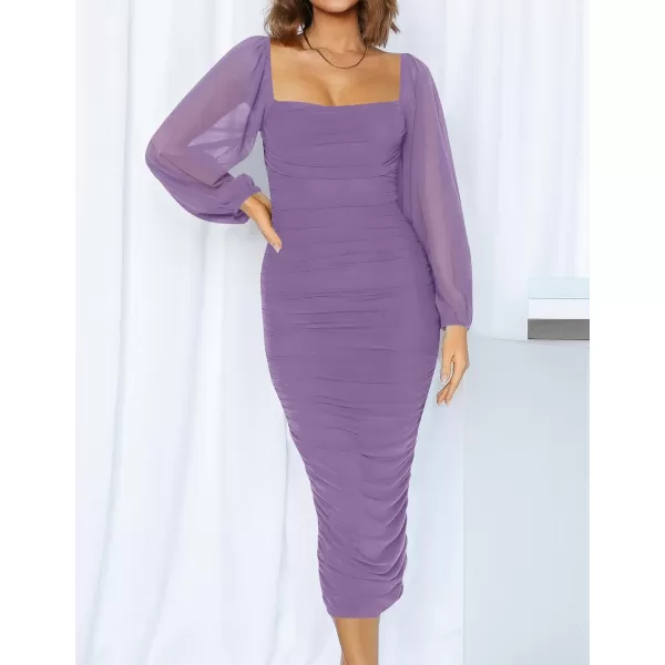 imageZESICA Womens 2023 Sexy Ruched Bodycon Midi Dress Long Puff Sleeve Square Neck Backless Cocktail Party Wedding DressesPurple