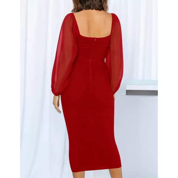 imageZESICA Womens 2023 Sexy Ruched Bodycon Midi Dress Long Puff Sleeve Square Neck Backless Cocktail Party Wedding DressesRed