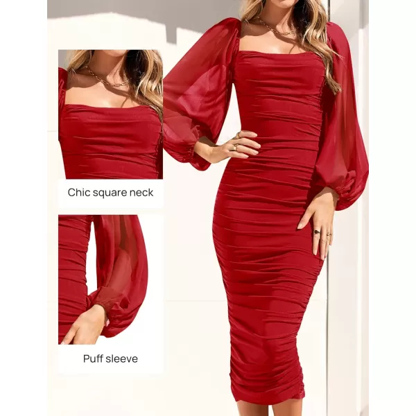 imageZESICA Womens 2023 Sexy Ruched Bodycon Midi Dress Long Puff Sleeve Square Neck Backless Cocktail Party Wedding DressesRed