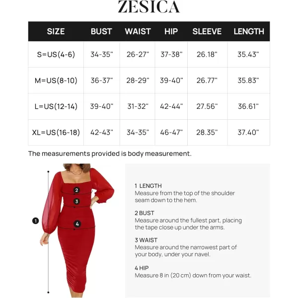 imageZESICA Womens 2023 Sexy Ruched Bodycon Midi Dress Long Puff Sleeve Square Neck Backless Cocktail Party Wedding DressesRed