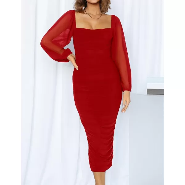 imageZESICA Womens 2023 Sexy Ruched Bodycon Midi Dress Long Puff Sleeve Square Neck Backless Cocktail Party Wedding DressesRed