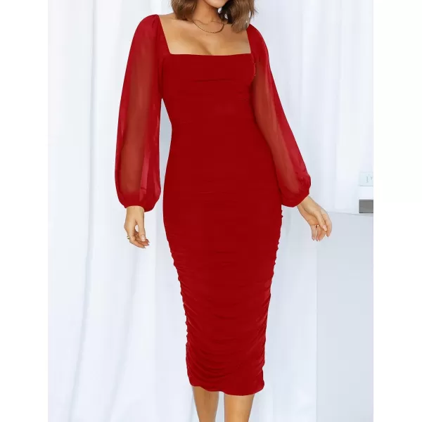 imageZESICA Womens 2023 Sexy Ruched Bodycon Midi Dress Long Puff Sleeve Square Neck Backless Cocktail Party Wedding DressesRed