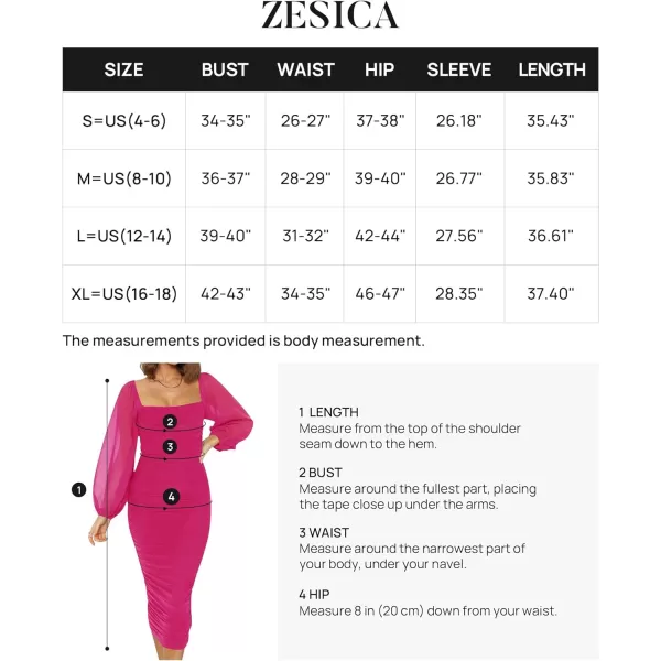 imageZESICA Womens 2023 Sexy Ruched Bodycon Midi Dress Long Puff Sleeve Square Neck Backless Cocktail Party Wedding DressesRose