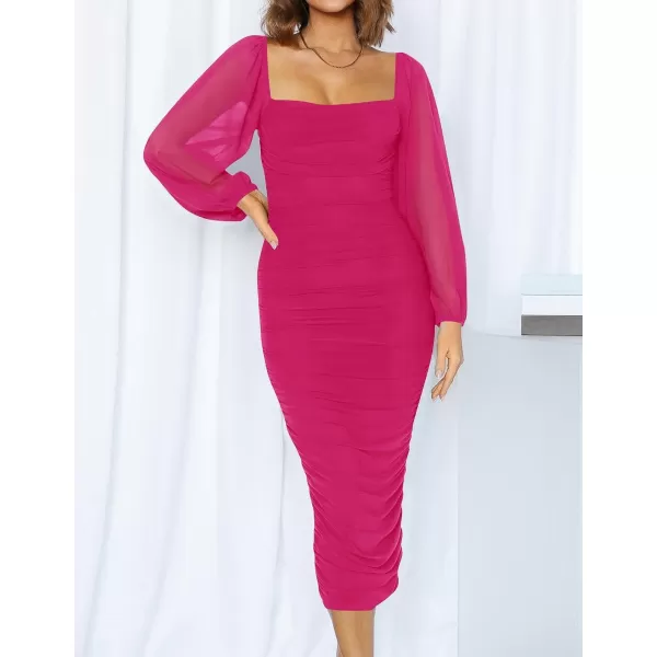 imageZESICA Womens 2023 Sexy Ruched Bodycon Midi Dress Long Puff Sleeve Square Neck Backless Cocktail Party Wedding DressesRose