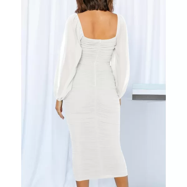 imageZESICA Womens 2023 Sexy Ruched Bodycon Midi Dress Long Puff Sleeve Square Neck Backless Cocktail Party Wedding DressesWhite