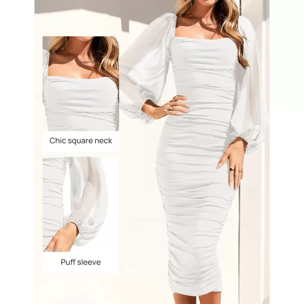 imageZESICA Womens 2023 Sexy Ruched Bodycon Midi Dress Long Puff Sleeve Square Neck Backless Cocktail Party Wedding DressesWhite