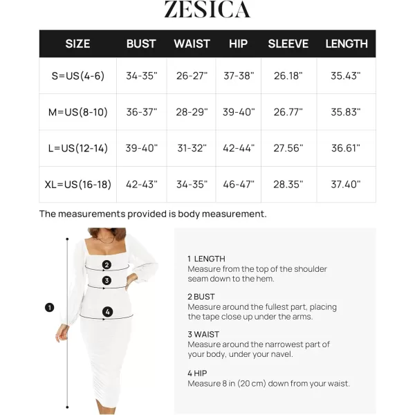 imageZESICA Womens 2023 Sexy Ruched Bodycon Midi Dress Long Puff Sleeve Square Neck Backless Cocktail Party Wedding DressesWhite