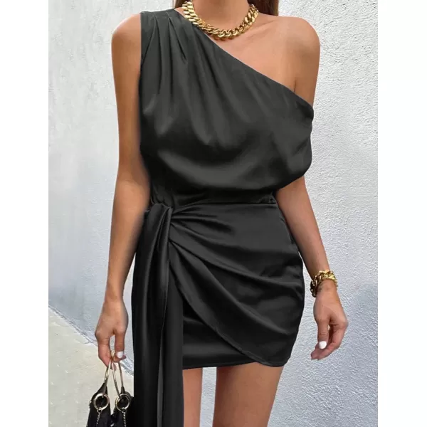 imageZESICA Womens 2023 Sexy Satin One Shoulder Sleeveless Ruched Tie Waist Wrap Bodycon Cocktail Party Mini DressBlack