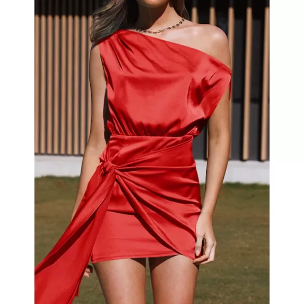 imageZESICA Womens 2023 Sexy Satin One Shoulder Sleeveless Ruched Tie Waist Wrap Bodycon Cocktail Party Mini DressBrightred