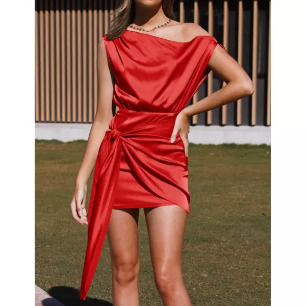 imageZESICA Womens 2023 Sexy Satin One Shoulder Sleeveless Ruched Tie Waist Wrap Bodycon Cocktail Party Mini DressBrightred