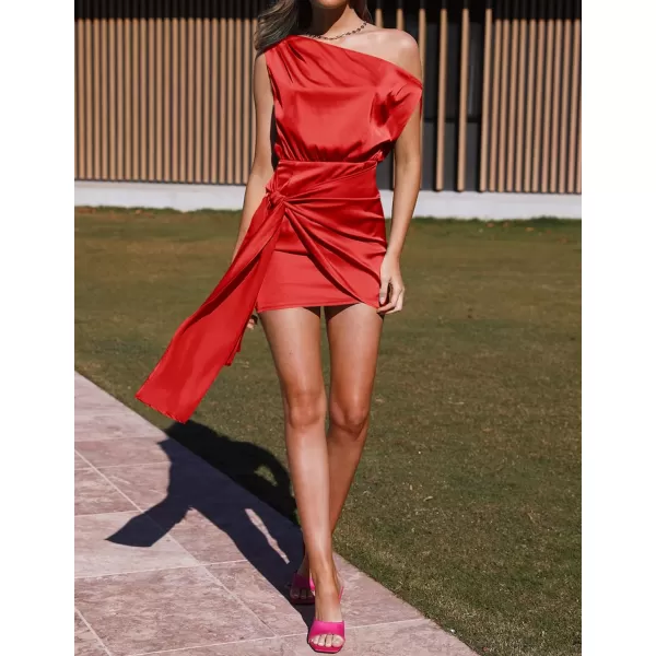 imageZESICA Womens 2023 Sexy Satin One Shoulder Sleeveless Ruched Tie Waist Wrap Bodycon Cocktail Party Mini DressBrightred