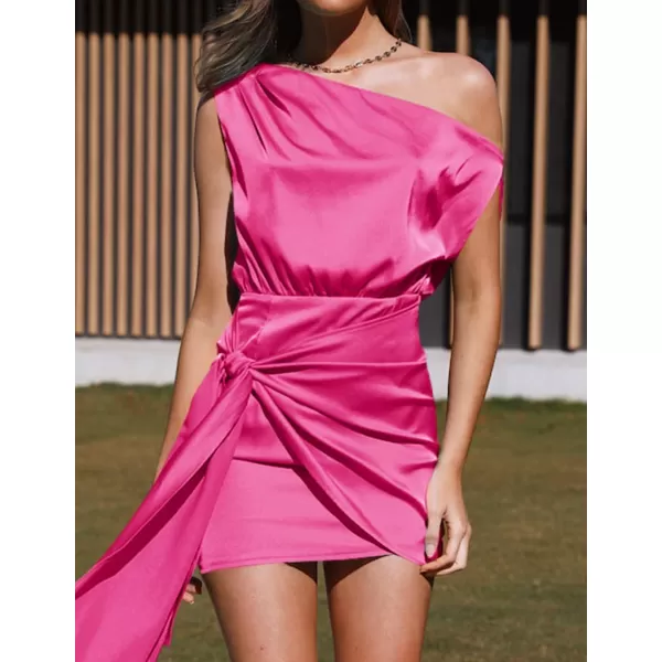 imageZESICA Womens 2023 Sexy Satin One Shoulder Sleeveless Ruched Tie Waist Wrap Bodycon Cocktail Party Mini DressBrightrose