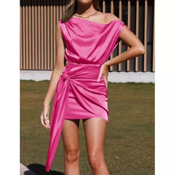 imageZESICA Womens 2023 Sexy Satin One Shoulder Sleeveless Ruched Tie Waist Wrap Bodycon Cocktail Party Mini DressBrightrose