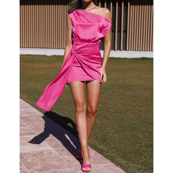 imageZESICA Womens 2023 Sexy Satin One Shoulder Sleeveless Ruched Tie Waist Wrap Bodycon Cocktail Party Mini DressBrightrose