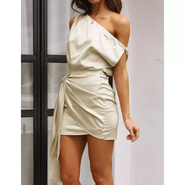 imageZESICA Womens 2023 Sexy Satin One Shoulder Sleeveless Ruched Tie Waist Wrap Bodycon Cocktail Party Mini DressChampagne