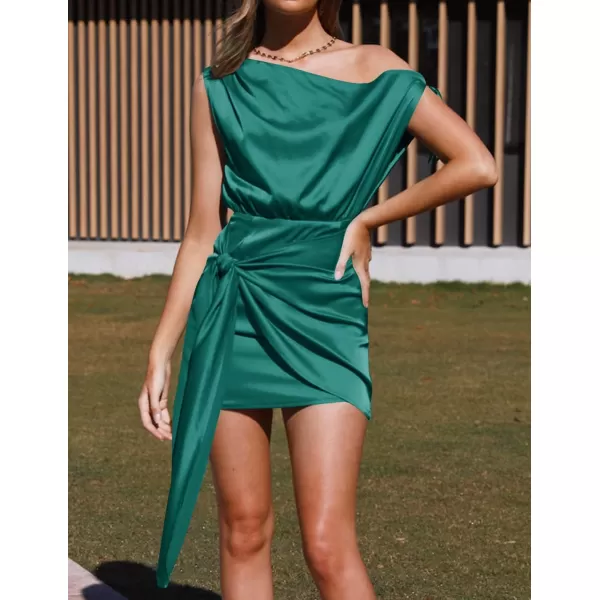 imageZESICA Womens 2023 Sexy Satin One Shoulder Sleeveless Ruched Tie Waist Wrap Bodycon Cocktail Party Mini DressDarkgreen