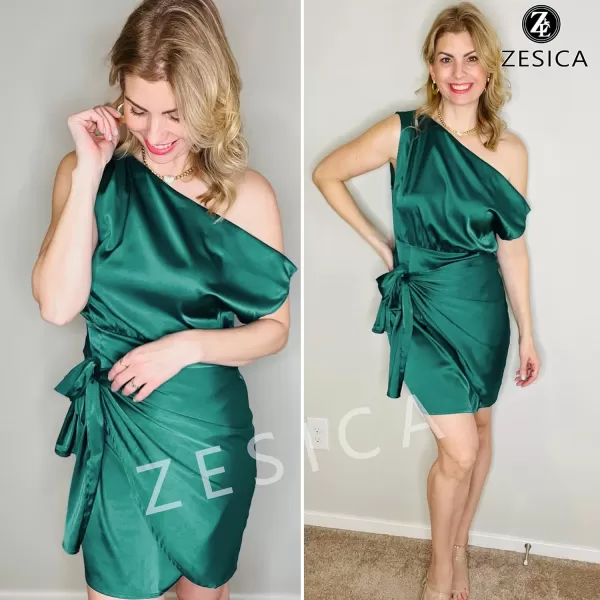 imageZESICA Womens 2023 Sexy Satin One Shoulder Sleeveless Ruched Tie Waist Wrap Bodycon Cocktail Party Mini DressDarkgreen