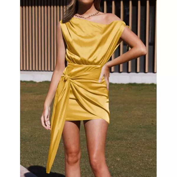 imageZESICA Womens 2023 Sexy Satin One Shoulder Sleeveless Ruched Tie Waist Wrap Bodycon Cocktail Party Mini DressGinger