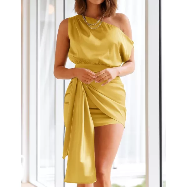 imageZESICA Womens 2023 Sexy Satin One Shoulder Sleeveless Ruched Tie Waist Wrap Bodycon Cocktail Party Mini DressGinger