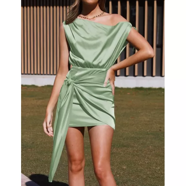 imageZESICA Womens 2023 Sexy Satin One Shoulder Sleeveless Ruched Tie Waist Wrap Bodycon Cocktail Party Mini DressGreen